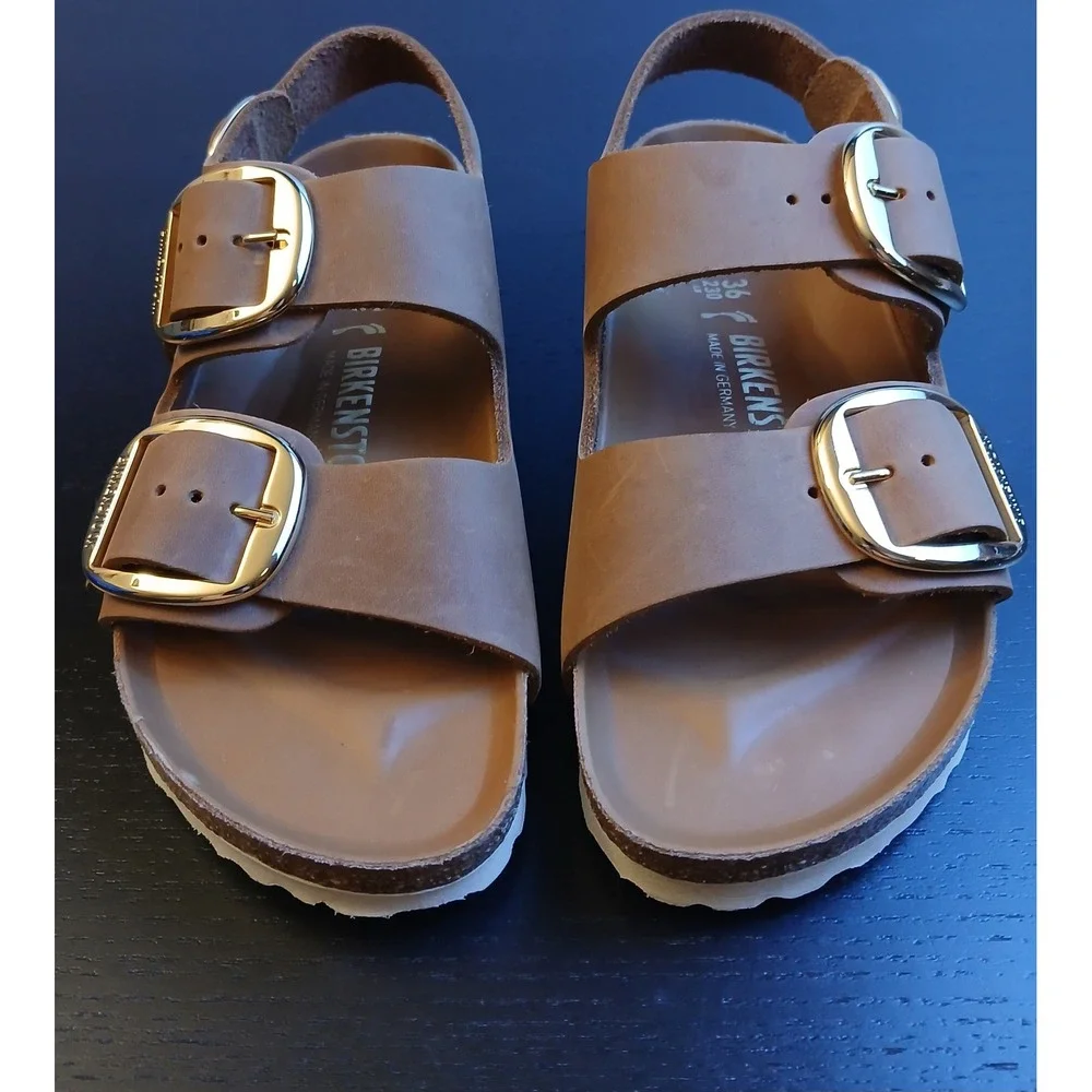 Birkenstock Milano Big Buckle Sandals Cognac Oiled Leather EU 36 US 5 Gold